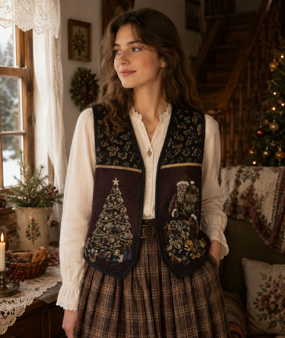 Vtg Christmas Santa Tapestry Vest Victorian Cottagecore Retro Holiday Open Front